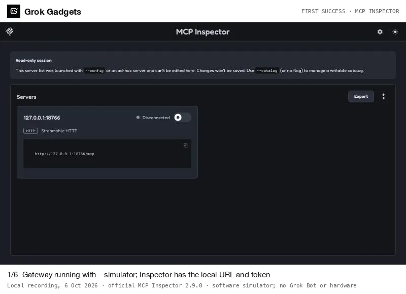 MCP Inspector connects to the local gateway, lists six tools, finds the simulated light and sets it blue. The reply says executed, simulated true, physical_verified false.